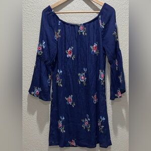 Fig and Flower Navy Dress with Floral Embroidery